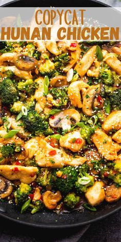 chicken and broccoli stir fry in a wok with the words copycat human chicken