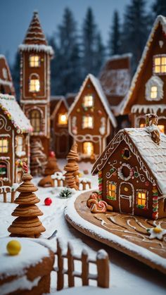 gingerbread houses and trees are lit up in the snow