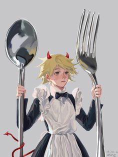 a drawing of a woman holding two forks and spoons with horns on her head