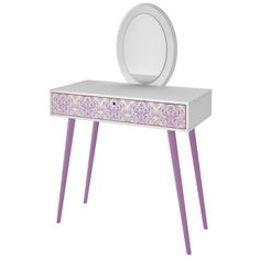 a white vanity with purple legs and a mirror on the top shelf next to it