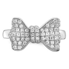 Rhodium over sterling silver bow ring with cubic zirconia stones and polished finish. Band width measures approximately 1/16". Bow Ring, Silver Bow, Types Of Rings, Pandora Jewelry, Treat Yourself, Gemstone Colors, Jewelry Shop, Cubic Zirconia, Ring Size