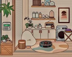 a room filled with lots of clutter and furniture next to a potted plant