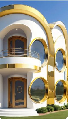 a white and gold building with circular windows