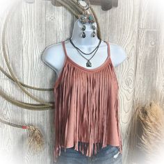 Mauve Fringe Suede Tank Top Product Details - Super soft - Lots of stretch - Spaghetti style straps - Material ~ 92% Polyester ~ 8% Spandex - Fits true to size ~ XS 0-2 ~ Small 2-4 ~ Medium 6-8 ~ Large 10-12 ~ XL 14-16 ~ XXL 18-20 Chic Fringe Tank Top For Summer, Summer Sleeveless Top With Multiple Straps, Sleeveless Summer Tops With Multiple Straps, Sleeveless Tops With Multiple Straps For Summer, Summer Stretch Fringe Tops, Summer Tank Top With Multiple Straps, Summer Stretch Tank Top With Multiple Straps, Fitted Fringe Tank Top For Summer, Fitted Casual Tank Top With Fringe