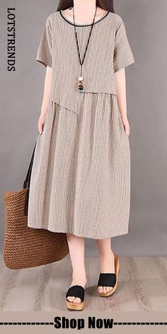 2021 Cotton Irregular Stripes Short Sleeve Midi Dress Short Sleeve Midi Dress, Midi Short Sleeve Dress, Sleeve Midi Dress, Midi Dress With Sleeves, Dress Material, Linen Dresses, Neck Pattern, Striped Shorts, Dress Materials