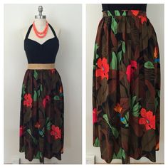 90s Linda Allard for Ellen Tracy Brown Tropical Print Silk Midi Skirt, M/L by retrorocketgirl Orange Lilies, Brown Leaves, Red Hibiscus, Silk Midi Skirt, Ellen Tracy