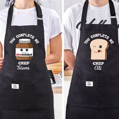 two pictures of people wearing aprons with bread and peanut butter on them, one has the words you complete me