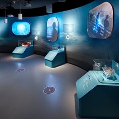 a room with several different displays on the walls