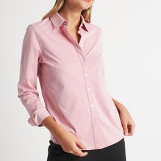 Dressbarn Color: Pink Size: L Elegant Pink Cotton Blouse, Feminine Fitted Shirt With Buttons, Elegant Pink Shirt With Buttons, Elegant Pink Button-up Shirt, Feminine Fitted Button-up Shirt, Feminine Shirt With Button Closure And Spread Collar, Fitted Feminine Button-up Shirt, Classic Pink Blouse With Button Closure, Classic Pink Blouse With Buttons