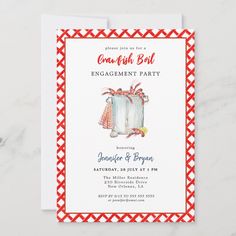 an engagement party card with a red and white checkered pattern on the front, featuring two bags