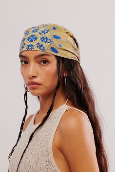 Forever cool and classic, this perfectly printed bandana is the ideal piece to add a little something special to absolutely any style. | Hearts On Fire Bandana by Free People in Blue Boho Bandana Outfit, Camp Counselor Hair, Bandana Braid Hairstyles, Crochet Bandana Outfit, Head Bandana Outfit, Bandana Long Hair, How To Style A Bandana, Hair Bandana Styles, Bandana Outfit Aesthetic