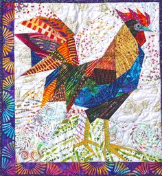 the colorful rooster is on display in this quilted wallhanger, which features bright colors