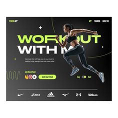 a woman running with the words work out with it in front of her and an image of