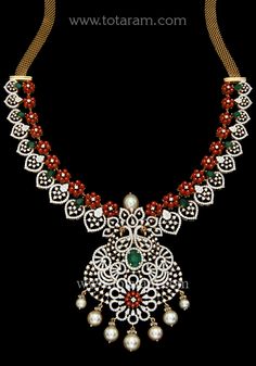 18 Karat Gold Diamond 'Peacock' Necklace with Corals, South Sea Pearls & Color Stones
  This Product has Inter Changeable Stones in the Necklace  
               - 235-DN291 - in 95.700 Grams for USD $13812.99. 
Made in India by Totaram Jewelers Online this product is in Gold - 18 Karat Gold  & is an excellent gift for Adult - Women. Ships fully insured with secured guaranteed delivery for free with your order over $250 from New Jersey USA & comes with 30 days exchange policy. Elegant Diamond Necklace With Peacock Design, Traditional Diamond Necklace With Peacock Design, Elegant Red Necklace With Peacock Design, Diamond Jewlery, 22 Carat Gold Jewellery, Indian Wedding Jewelry Sets, Peacock Necklace, Diamond Necklace Designs, Color Stones