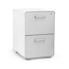 a white two drawer file cabinet against a white background