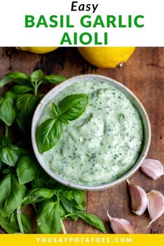 basil garlic aioli in a white bowl on a wooden table