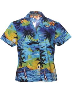 Sunset Luau Fitted Hawaiian Shirt for Women Ocean Blue Royal Creations Easy Wear Dresses, Muumuu Dress, Business Casual Shirts, Hawaiian Outfit, Rayon Shirt, Wedding Shirts, Hawaiian Dress, Fitted Blouses