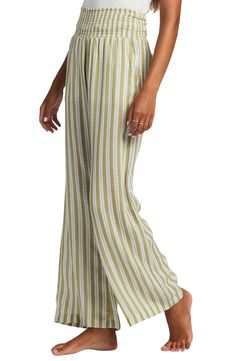 Perfect for casual days spent strolling the boardwalk, this pair of wide-leg pants is fashioned with a stripe pattern and smocked waist. 31 1/2" inseam; 23" leg opening; 13" front rise; 16" back rise (size Medium) Smocked waist Side-seam pockets; back patch pockets 100% cotton Hand wash, line dry Imported Women's Clothing Spring Relaxed Fit Bottoms With Vertical Stripes, Chic Striped Bottoms With Elastic Waistband, Spring Striped Wide Leg Pants With Relaxed Fit, Striped Long Pants For Summer, Striped Straight Pants For Beach, Casual Spring Bottoms With Vertical Stripes, Casual Wide Leg Bottoms With Vertical Stripes, Summer Wide Leg Bottoms With Vertical Stripes, Chic Striped Wide Leg Pants For Beach