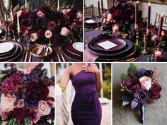 a collage of photos with purple and pink flowers on the table, candles in vases