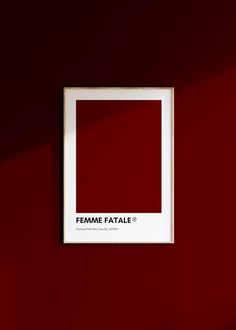 a red wall with a white frame hanging on it's side and the words feminine fatal