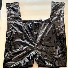 Super Pretty And Unique, Made Of Polyurethane With Polyester Lining. Medium Waist 13.5”, Xl Waist 16” Laying Flat. Medium Length 40 Inches, Extra Large Lake, 40.5 Inches. Hidden Back Zipper. New W/Tags. Fitted Shiny Black Pants, Sleek Shiny Black Pants, Trendy Black Shiny Leather Pants, Trendy Shiny Black Leather Pants, Black Faux Leather Pants For Night Out, Black Polyurethane Pants For Party, Dressy Leggings, Black Jogger Pants, Slacks Pants