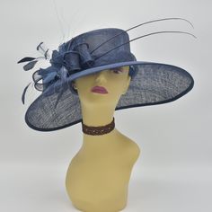 "✿*.Key Features.*✿ This is an oval shape hat that's made of 100% three Layers high quality sinamay. The crown is decorated with sinamay bows, quills and feather flower. It's very beautiful! Great for Kentucky derby, weddings, church, Easter, Royal Ascot, horse races, cocktails, tea party, or any hat wearing occasion. Hat base size: From front to back: 14\" (35.5 cm) From left to right: 17.75\" (45 cm) Crown Deep: 4.5\" Head girth: 22.5\" (57cm) , adjustable string inside to make smaller to fit Formal Blue Fedora Hat, Formal Blue Hats With Curved Brim, Formal Blue Hat With Curved Brim, Blue Top Hat With Curved Brim For Formal Occasions, Elegant Blue Hats For Royal Ascot, Blue Curved Brim Hat For Formal Occasions, Blue Curved Brim Top Hat For Formal Occasions, Elegant Blue Fedora Hat, Elegant Blue Brimmed Top Hat