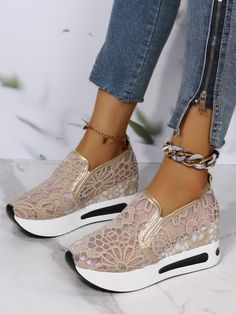 Come to Zolucky to buy Casual Shoes at a discounted price, SPU: 2941NCA394D55, Color: Khaki White Black, Decoration/Process:Embroidery, Upper Material:Lace. Women's Slip Ons, Mesh Heels, Round Toe Shoes, Mesh Sneakers, Black Loafers, Shoes Lace, Wedge Sneakers, Womens Wedges, Mesh Panel