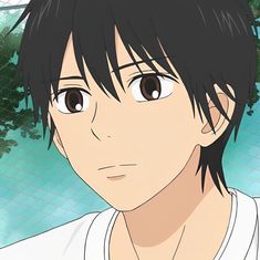 an anime character with black hair and brown eyes looking at the camera while wearing a white t - shirt