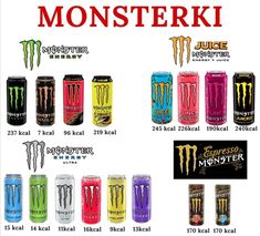 the monster energy drink is labeled in different colors