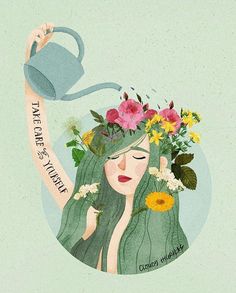 a woman with flowers on her head holding a watering can and the words take care of your hair