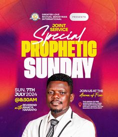 a man in a suit and tie on a poster for the special prophetic sunday