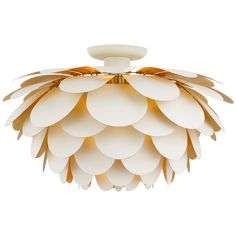 a light fixture with white petals hanging from it's center point, on a white background