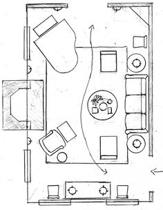 a drawing of a living room with furniture