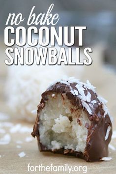 there are three pictures of coconut snowballs on the table and one is half eaten