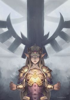 an image of a woman in armor with horns on her head and hands behind her back