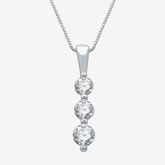 Celebrate your yesterday, today and forever with this 1/2 ct. t.w. 3-Stone pendant by Ever Star. Flawlessly flattering, three exceptionally brilliant lab grown diamonds are graduated to fall delicately against a glittering backdrop of 10K white gold. Ever Star Lab Grown Diamonds have the same physical, chemical and optical properties as mined diamonds. Certified for 4C's.Diamond Clarity: I1Jewelry Closure: Spring Ring ClaspLink Construction: SolidSetting: ProngShape: LinearStone Cut: RoundDiamon Classic Three Stone Necklace, Classic White Gold Three Stone Necklace, Classic Three Stone White Gold Necklace, Silver Three-stone Necklaces For Anniversary, White Gold Three Stone Diamond Necklace For Anniversary, Anniversary White Gold Three Stone Diamond Necklace, Anniversary Three Stone White Gold Diamond Necklace, Diamond White Necklaces With Channel Set For Anniversary, Diamond White Channel Set Necklaces For Anniversary