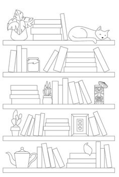 the bookshelf is filled with many different things to read and draw on it