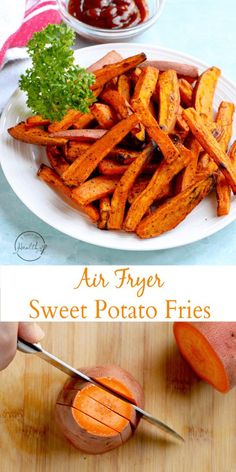 air fryer sweet potato fries on a white plate