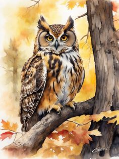 an owl sitting on top of a tree branch with leaves around its neck and yellow eyes