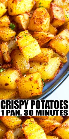 crispy potatoes with parsley on top in a glass bowl and text overlay reads crispy potatoes 1 pan, 3 minutes