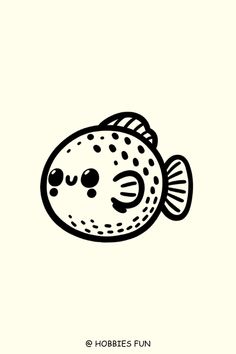 a black and white drawing of a puffer fish with its eyes closed, smiling