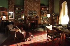 a living room filled with furniture and bookshelves next to a fire hydrant