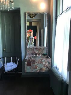 a room with a chair and a mirror in it