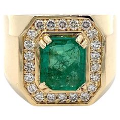 Gents Emerald '3.51' & Diamond '0.75' Ring in 14K Yellow Gold. Size 10 15 Grams Luxury Gia Certified Cluster Ring In Yellow Gold, Luxury Gia Certified Yellow Gold Cluster Ring, Emerald Cut Vvs Clarity Halo Ring In Yellow Gold, Gia Certified Yellow Gold Emerald Cut Halo Ring, Gia Certified Emerald Cut Yellow Gold Halo Ring, Luxury 14k Gold Gia Certified Rings, Luxury White Gold Emerald Ring Stamped 14k, Luxury 14k Stamped White Gold Emerald Ring, Yellow Gold Emerald Cut Signet Ring With 17 Jewels