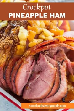 a sheet pan with crockpot pineapple ham Slow Cooker Pineapple Ham, Brown Sugar Pineapple Ham, Ham Crockpot, Ham With Pineapple, Baked Ham With Pineapple, Brown Sugar Pineapple, Slow Cooker Ham Recipes, Ham Recipes Crockpot, Sugar Ham