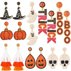 PRICES MAY VARY. Eye Catching Designs: elevate your Halloween style with these halloween earrings for women featuring adorable shapes and designs like skulls, witch hats, pumpkins, ghosts, and more; These stylish earrings will make you stand out at any event Reliable for Daily Wear: these beaded earrings are made to last and can withstand frequent use during the Halloween season; Their durability makes them suitable for daily wear, whether you're headed to a Halloween party, Day of the Dead cele Halloween Beaded Earrings, Beaded Teardrop Earrings, Pumpkin Witch Hat, Handmade Beaded Earrings, Bead Dangle Earrings, Witch Hats, Halloween Beads, Halloween Style, Gothic Earrings