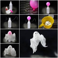 halloween decorations made out of plastic bottles and tissue paper, including ghost - like objects