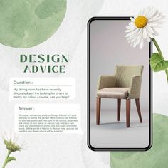 an advertisement with a chair and flower on the front cover, which reads design advice