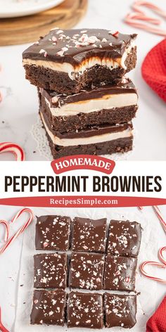 homemade peppermint brownies stacked on top of each other