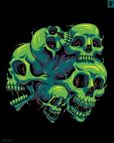 three skulls with green and blue colors